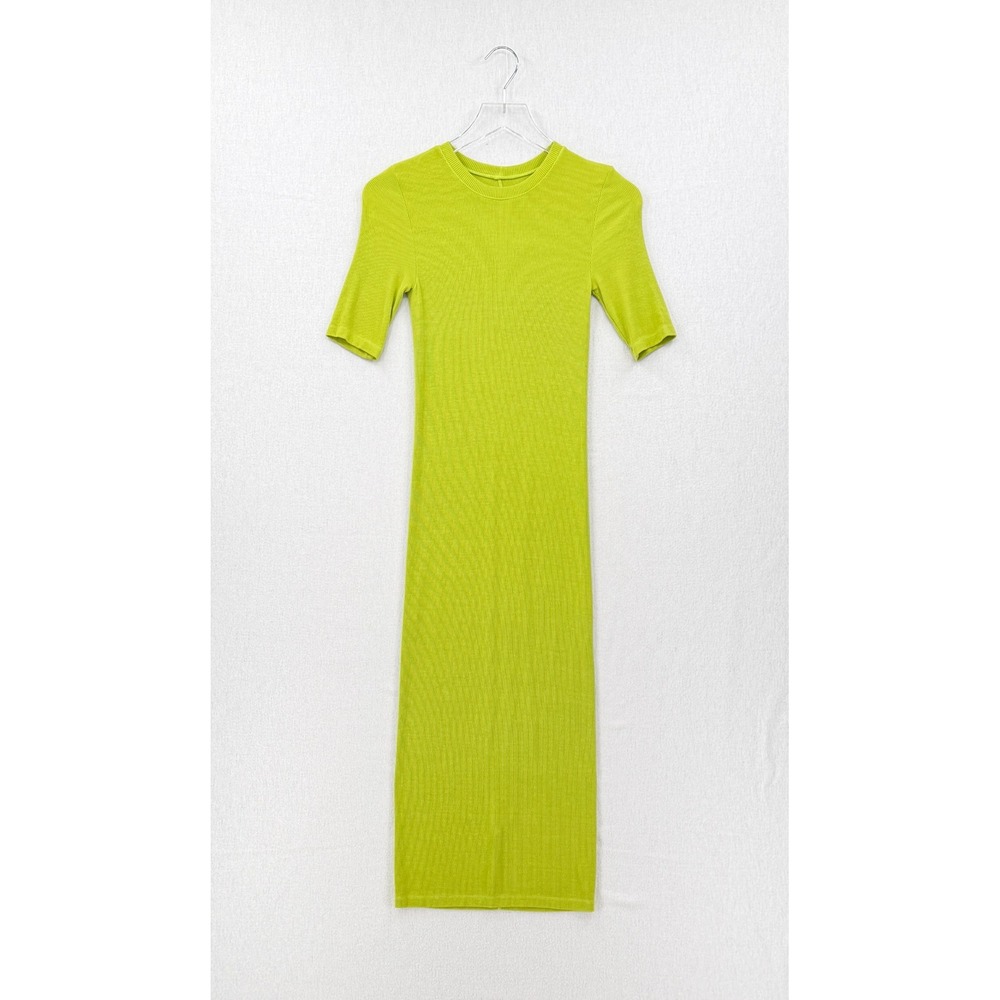 ENZA COSTA Silk Rib Half Sleeve Midi Dress Womens Small Kiwi Green Crew Neck NEW